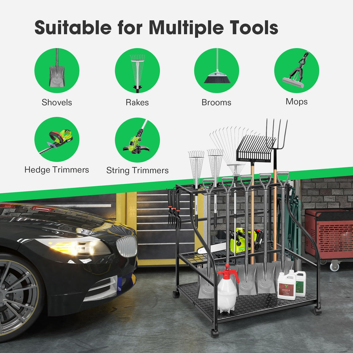 VIVOSUN Garden Tool Organizer, Heavy Duty Steel Tool Rack Tool Stand, Up to 68 Long-Handled Tools, Yard Tool Storage for Garage Shed Home and Outdoor, Rounded Style with Wheels VIVOSUN