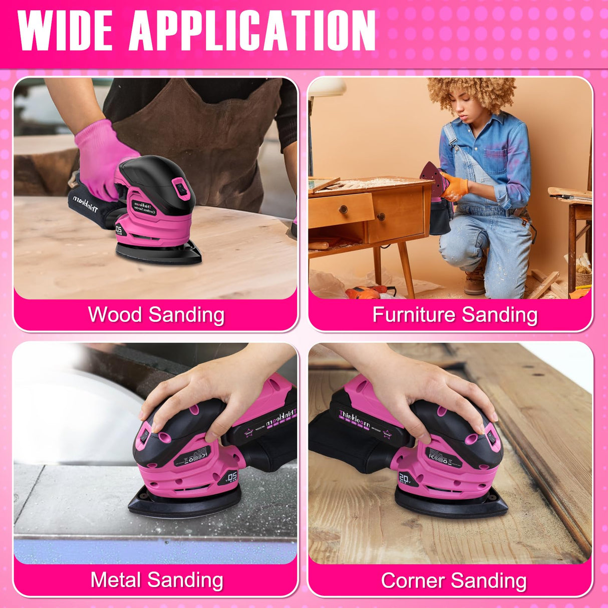 Cordless Detail Sander for Woodworking, 20V Electric Hand Sander for Wood Furniture, Compact Mouse Sander Tool with 2Pcs Batteries, Charger, Sandpapers, and Bag ThinkLearn