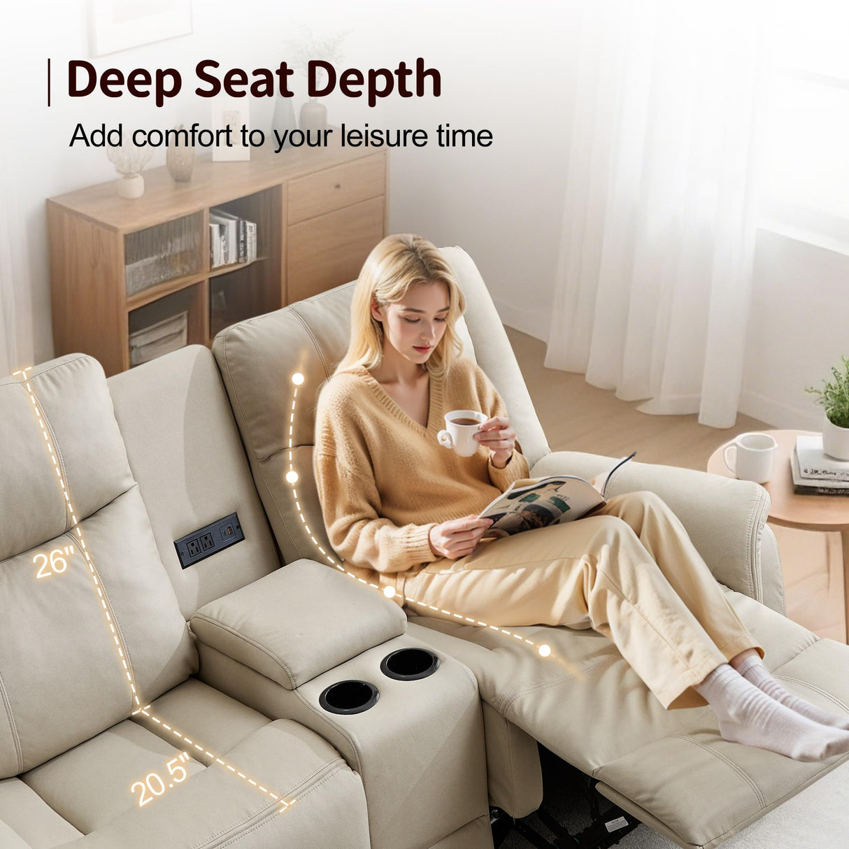 Korser Loveseat Recliner Sofa, Reclining Loveseat Couch with Manual Pull Tab, Reclining Couch with Console, USB Port, US Outlets, and Cup Holders, 2-Seater Performance Fabric Sofa for Living Room, RVs Korser