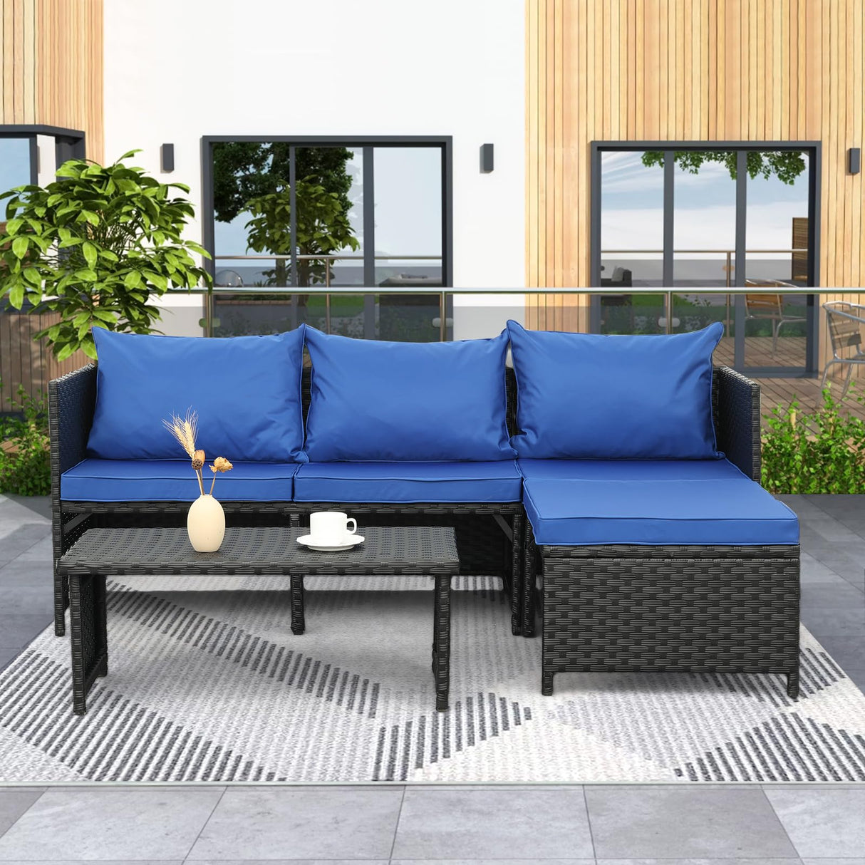 Valita 3-Piece Outdoor PE Rattan Furniture Set Patio Black Wicker Conversation Loveseat Sofa Sectional Couch Royal Blue Cushion Valita