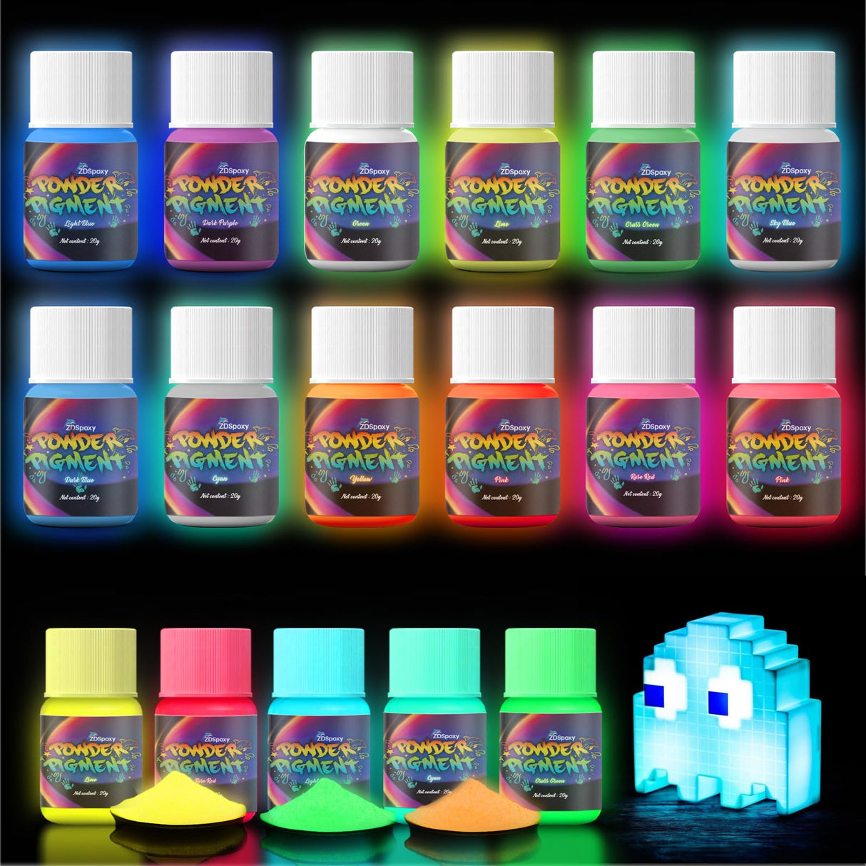 Zdspoxy Glow in The Dark Pigment Powder, 12 Colors Luminous Powder Set for Epoxy Resin, Fine Arts, DIY Crafts, Nail Art, Halloween, Party - 20g Each, 240g Total, Safe and Long Lasting Zdspoxy