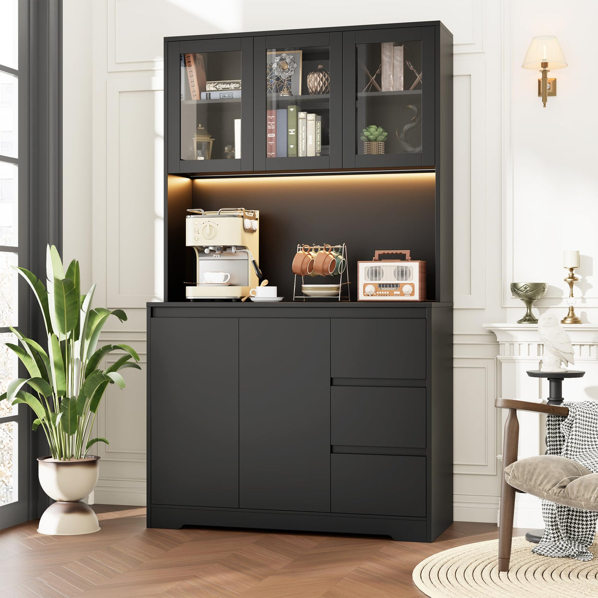 Finetones 71" Modern Black Kitchen Pantry Cabinet with LED Lights and Charging Station finetones