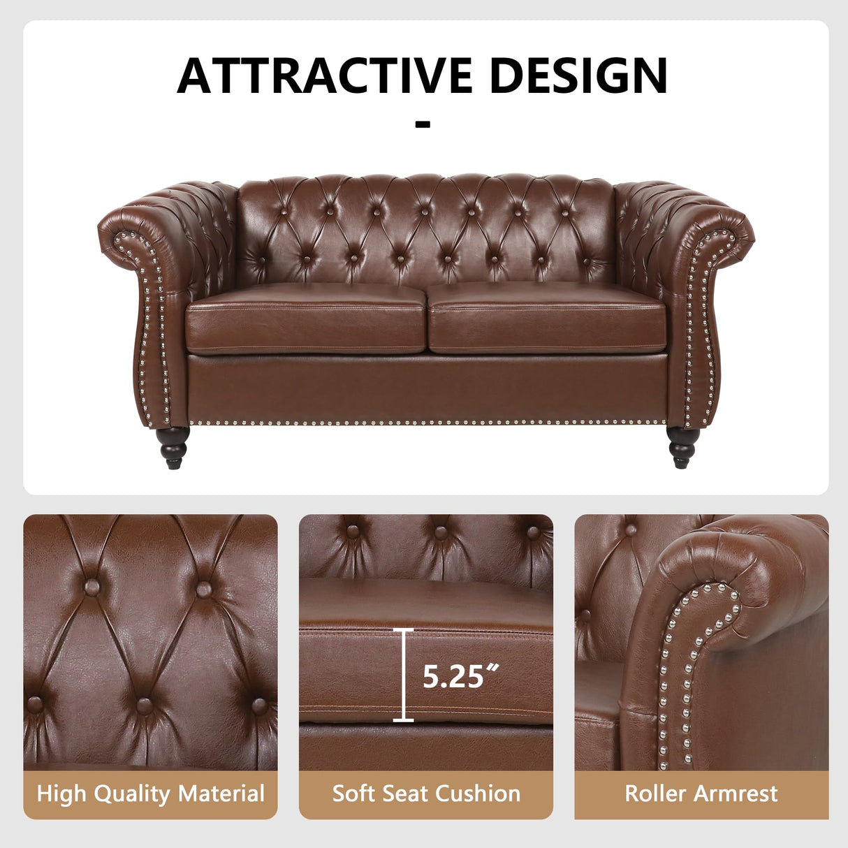 QHITTY 3 Piece Living Room Set, Sectional Chesterfield Sofa Chair Contemporary Upholstered Leather Loveseat Couch Sets for Living Room, Bedroom, Office QHITTY