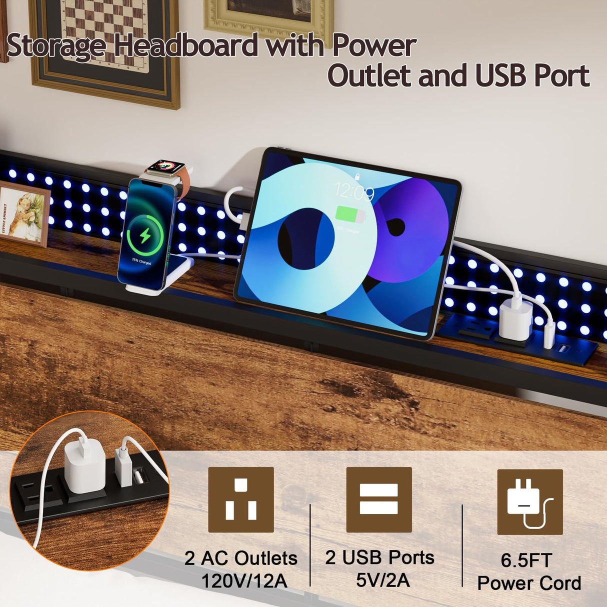 Furnulem Rustic Queen Platform Bed Frame with RGB LED Lights & Integrated Storage Headboard Furnulem