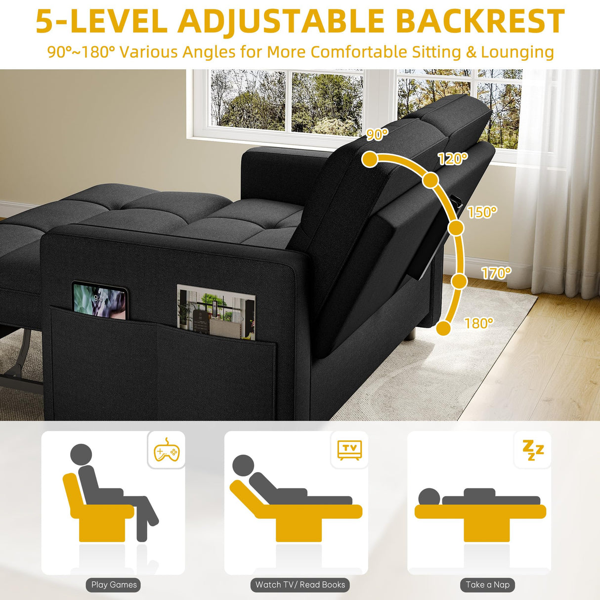 YITAHOME 55" Convertible Sofa Bed, 3-in-1 Sleeper Sofa with Iron Frame Pull-Out Bed, Linen Futon Couch with Reclining Backrest and Side Pocket, Modern Loveseat for Living Room Bedroom Apartment, Black YITAHOME