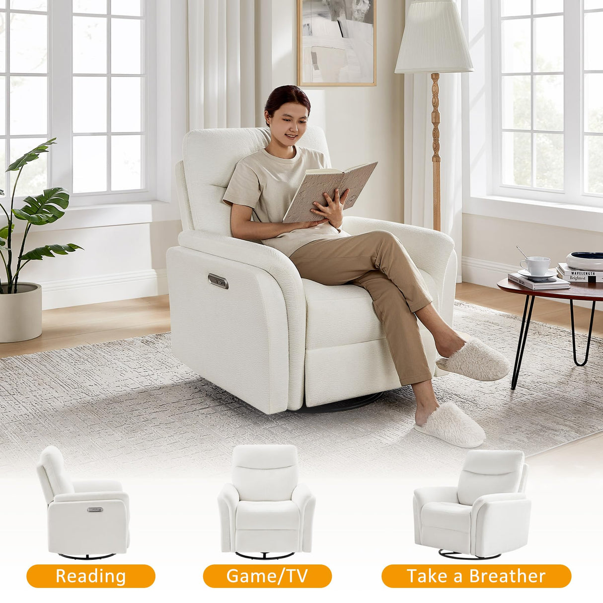 VANOMi Power Recliner Chair Swivel Glider, Electric Rocking Recliner Chairs with USB and Type-C Ports, Nursery Chair Recliner for Living Room, Bedroom, Apartment(White) VANOMi