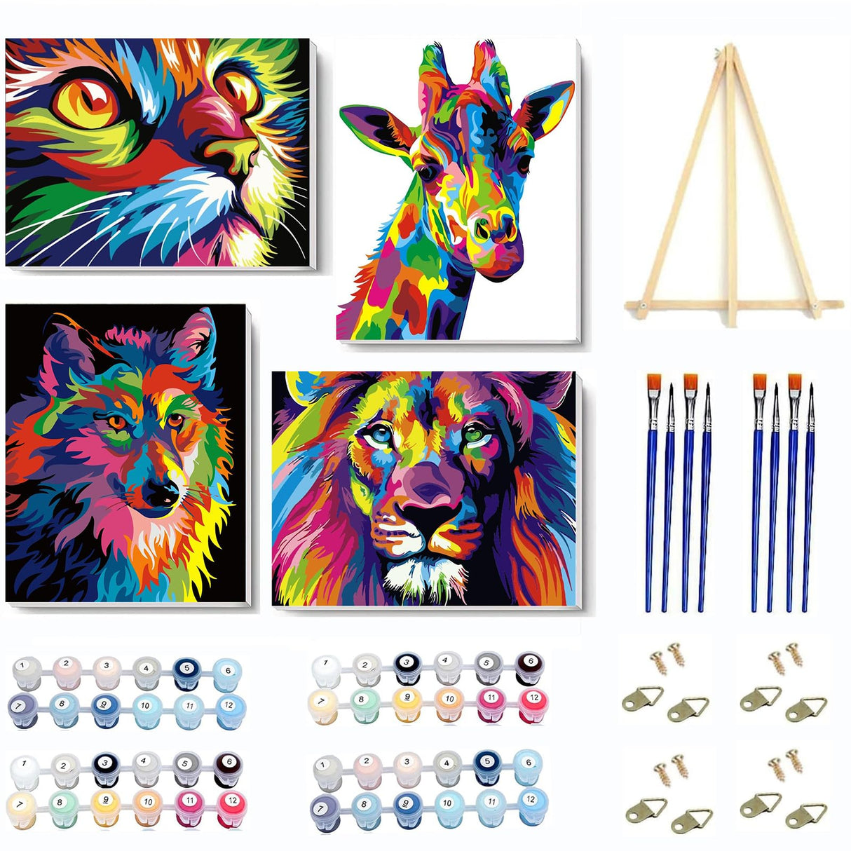 VIGEGU 4 Pack Paint by Numbers Kit for Adults Framed Canvas - with Wooden Easel,Adults' Paint-by-Number Kits Cat Giraffe Wolf Lion DIY Acrylic Animal Oil Painting Arts Crafts 7.8x11.8inch VIGEGU