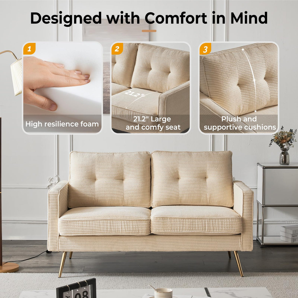 VINGLI 56" Modern Beige Loveseat,Small Corduroy Sofa Couch Deep Seat for Living Room,2-Seater Loveseat Sofa for Bedroom,Apartment,Office,Dorm,Small Space VINGLI