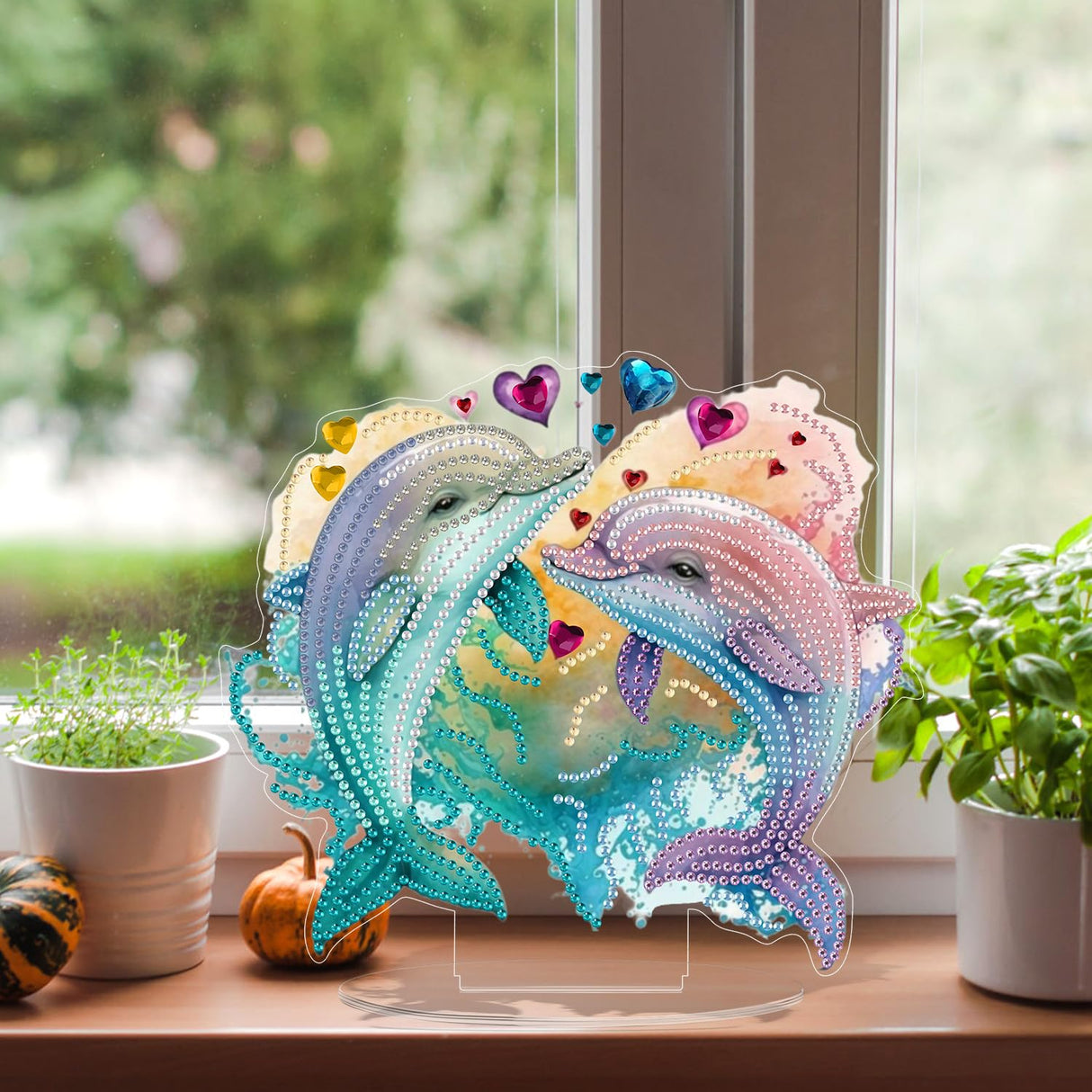 Bowetile Dolphin Diamond Art Desktop Ornaments Kits for Adults Beginners, 5D Special Shape Diamond Art Painting Animals Tabletop Ornaments, Crystal Gem Art Painting for Home Table Decor Crafts Gift Bowetile