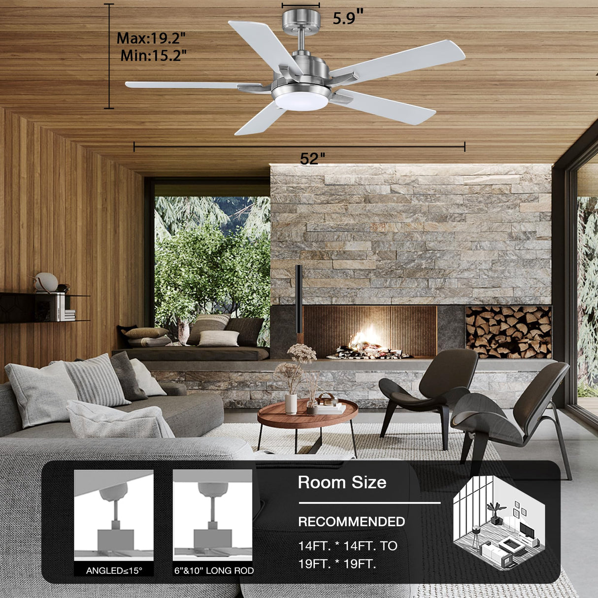 cumilo 52” Smart Outdoor Ceiling Fans LED Lights and Remote,Quiet DC Motor,6 Speed,Dimmable,Indoor Modern Brushed Nickel Ceiling Fan Controlled by WIFI Alexa App,Gray Silver Wood Bedroom Patio Porch cumilo