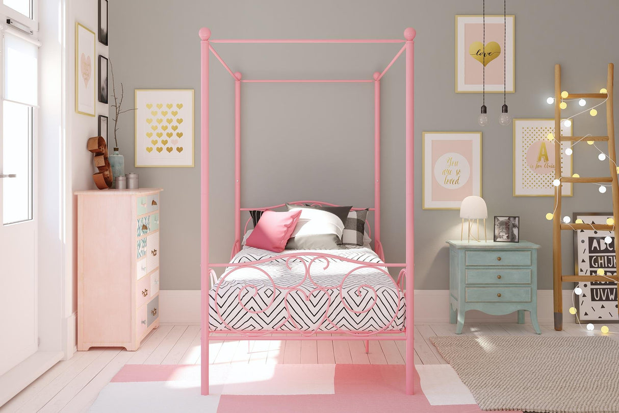 Twin Canopy Bed Frame for Girls, Pink Metal Princess Bed with Heart Design, No Box Spring Needed, Weight Capacity 225 lbs, Underbed Storage Space WoodArtSupply