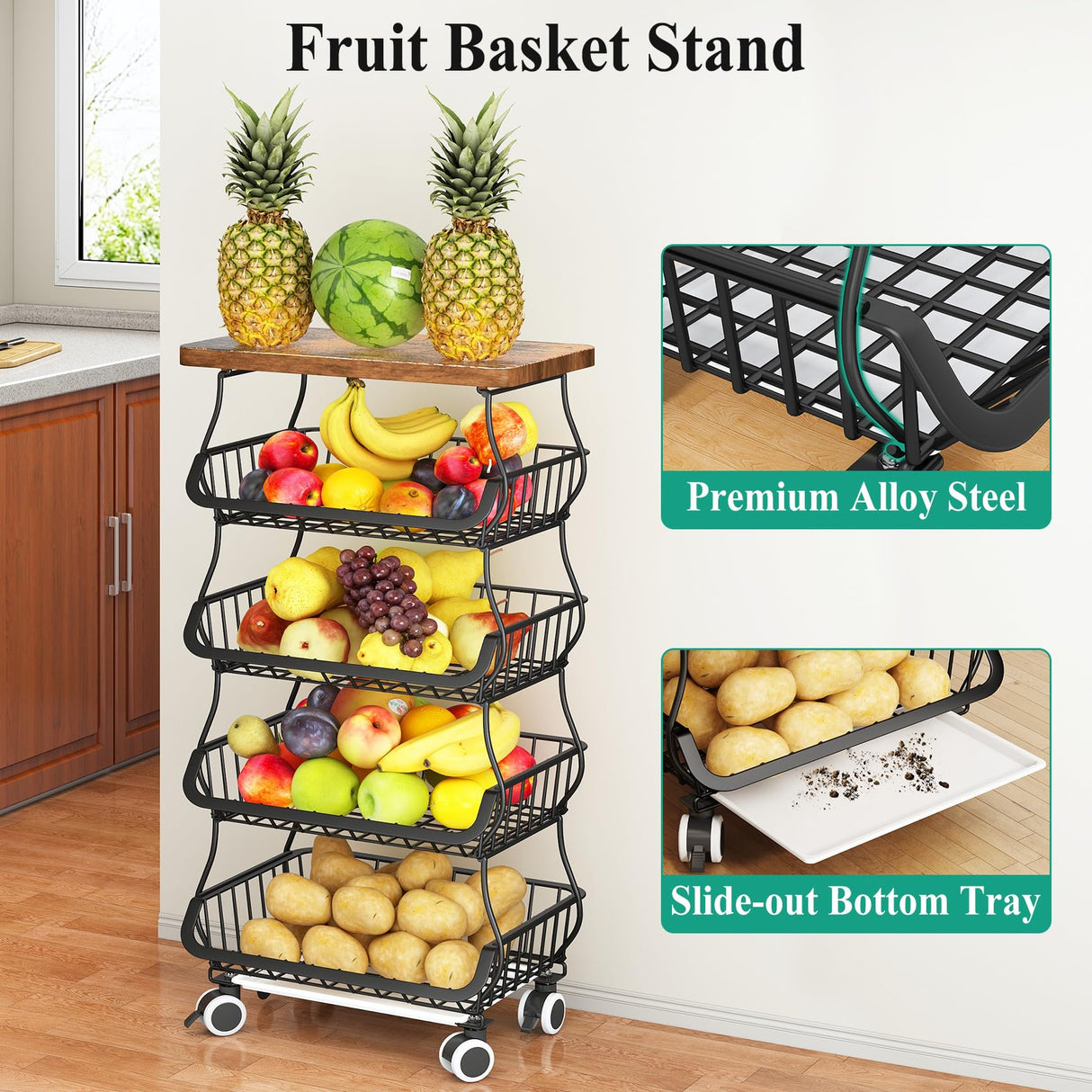 Fruit Basket Kitchen Pantry Organizers and Storage - Wooden Top Table, Stackable Metal Wire Basket Stand Cart for Fruit Vegetable Snacks Jars Bins Containers Organization, Black SAYZH