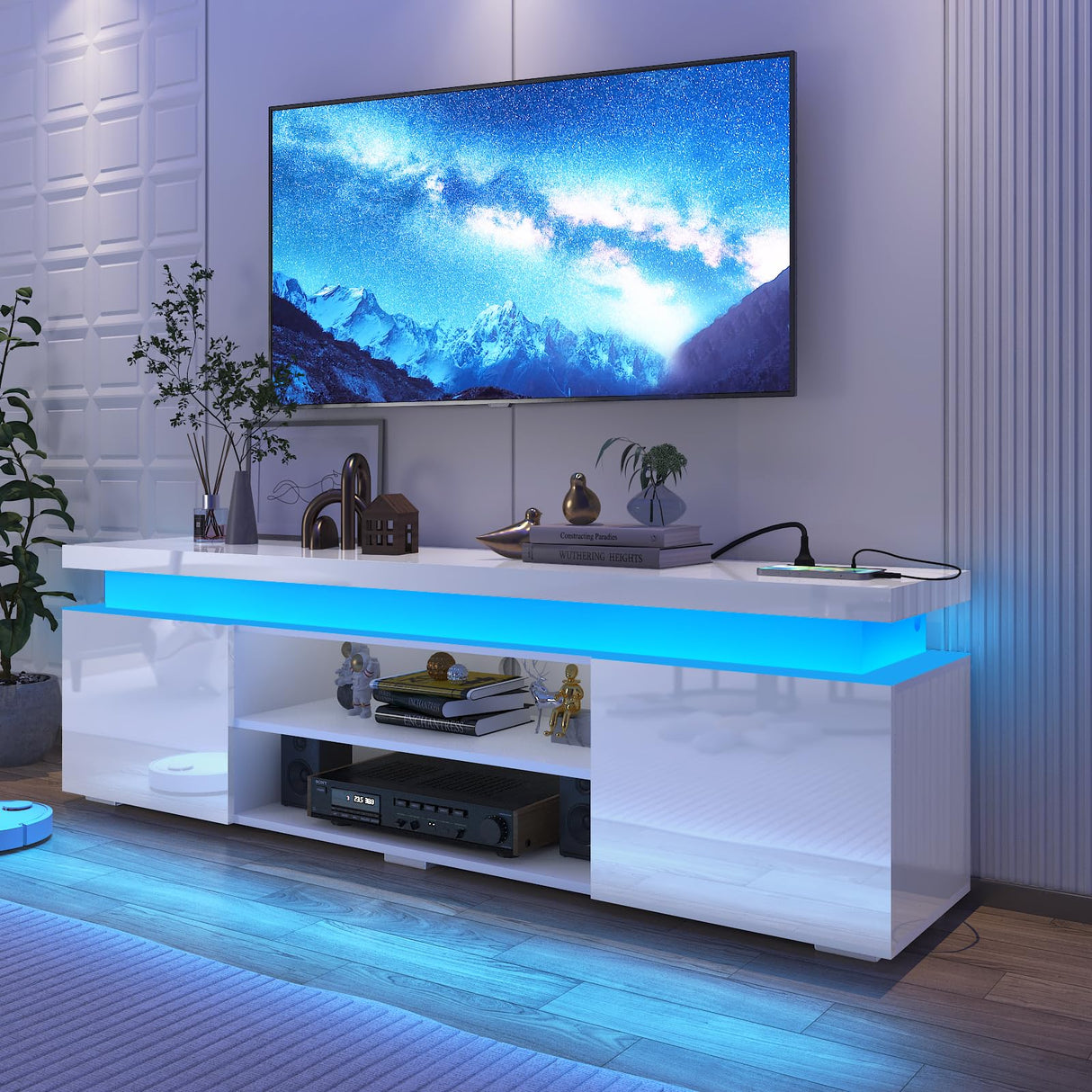 Hlivelood LED TV Stand for 75 Inch TV, Modern TV Stand with Power Outlet, High Gloss TV Console Entertainment Center with Storage and LED Lights for Living Room, Bedroom (66 Inch, White) Hlivelood