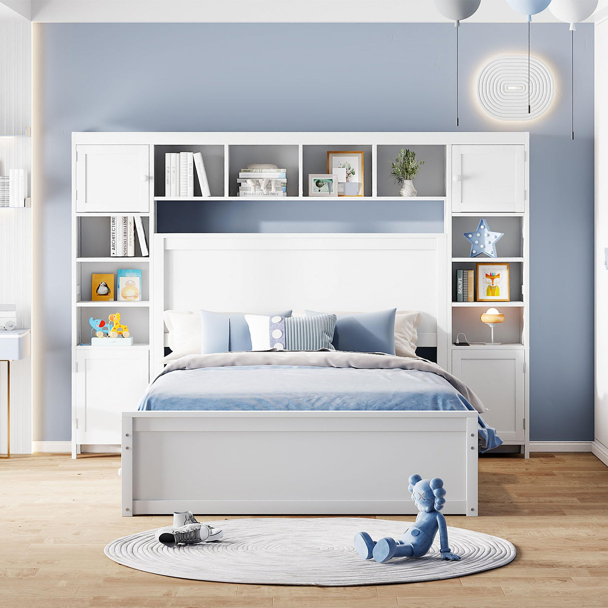 Full Storage Bed with Bookcase Headboard, Full Size Platform Bed with Trundle and 2 Storage Drawers, Solid Wood Full Size Bed Frame with Cabinet and Bookshelf, No Box Spring Needed - White Harper & Bright Designs