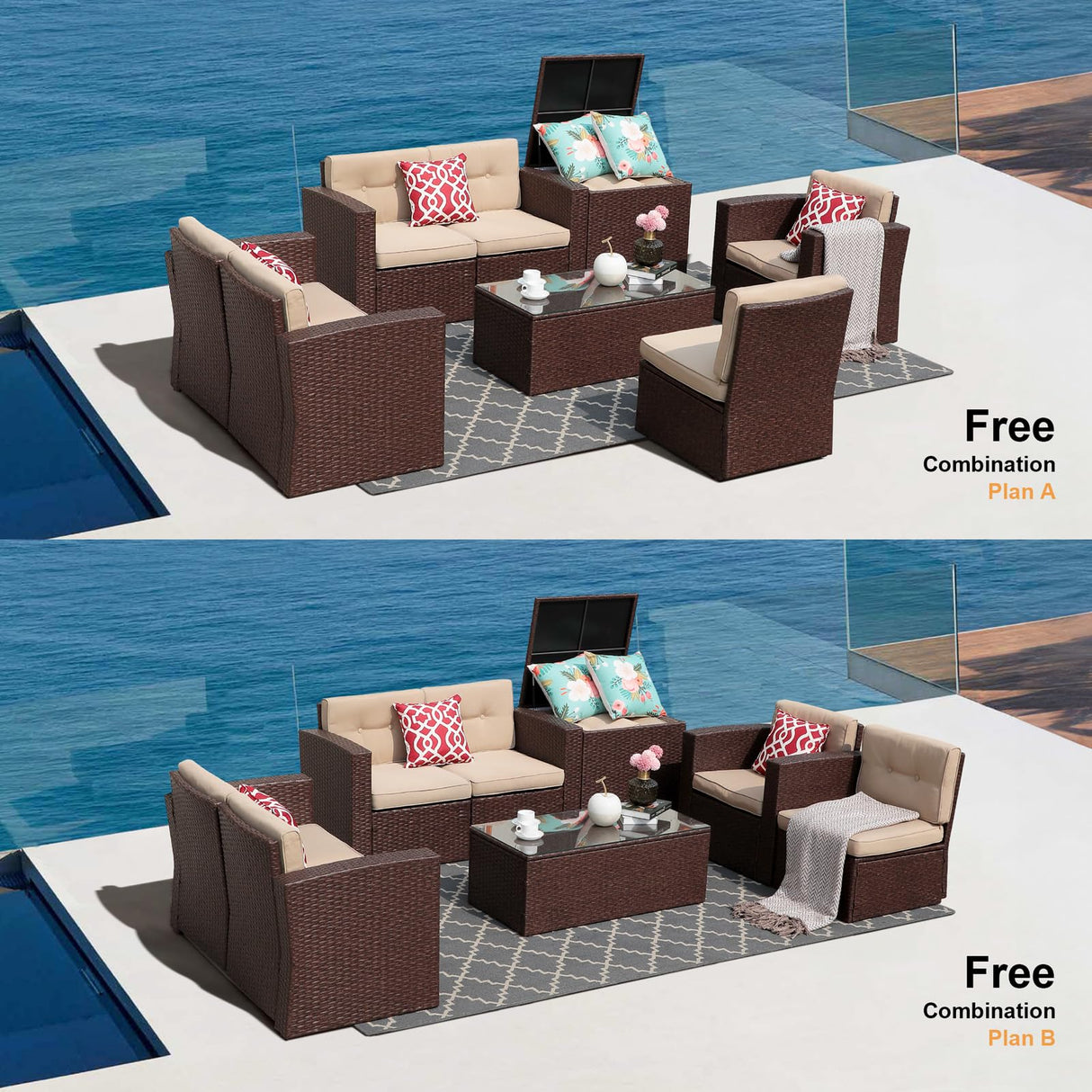 Super Patio 8 Pieces Outdoor Patio Furniture Set, Wicker Patio Conversation Sets with Storage Box, Rattan Outdoor Sectional Sofa Set with Cushions and Coffee Table for Outside Porch, Deck, Brown Super Patio