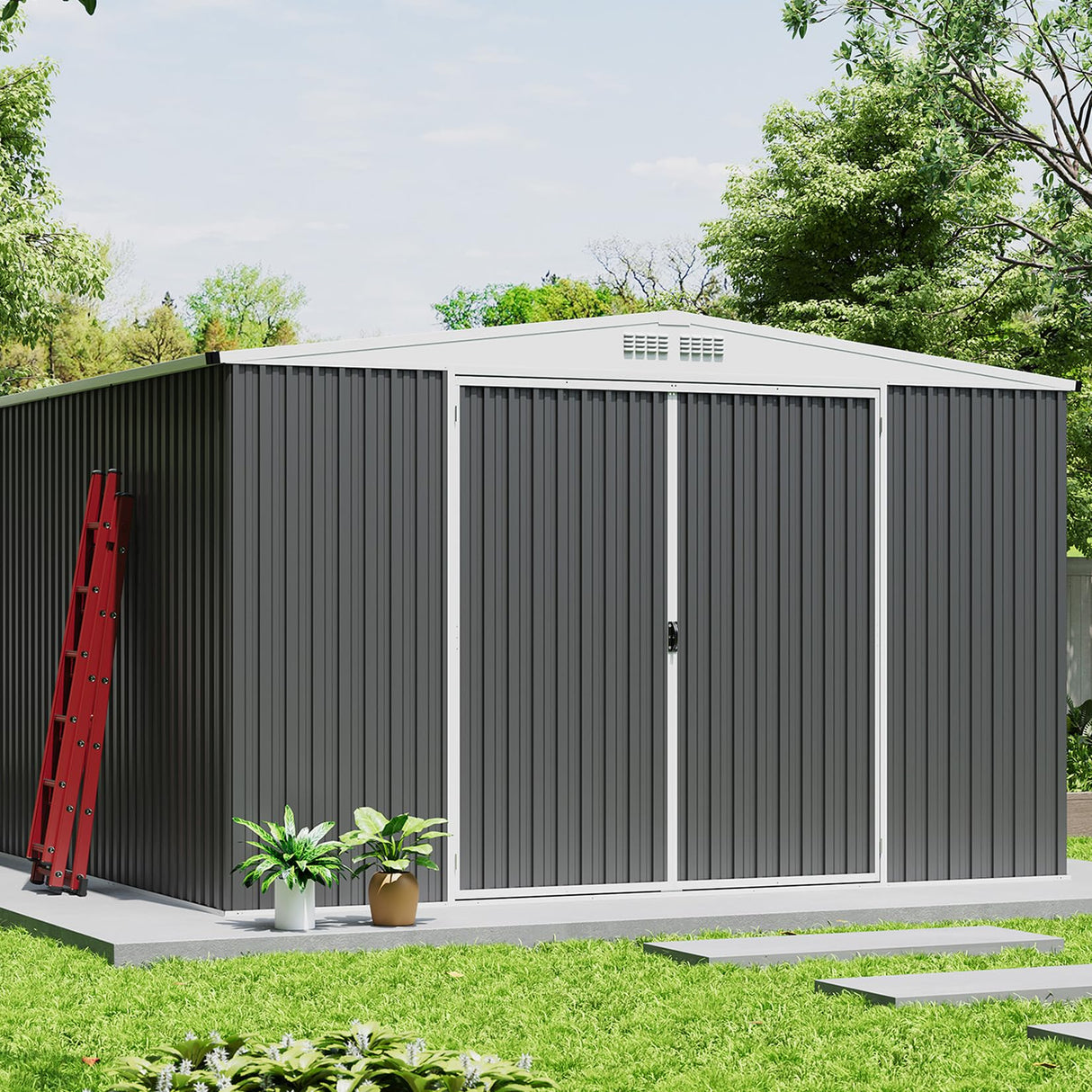 GarveeLife 9x12 Shed for Outdoor Storage, Galvanized Steel Metal Tool Sheds House with Lockable Doors, Lock & Air Vent, Large Utility Sheds for Patio Garden Lawn (9x12.6, Grey) GarveeLife