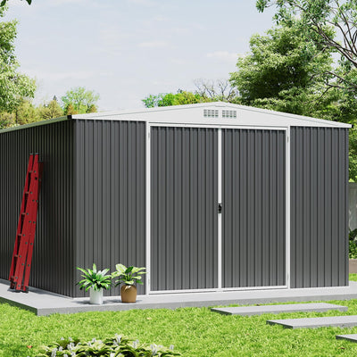 GarveeLife 9x12 Shed for Outdoor Storage, Galvanized Steel Metal Tool Sheds House with Lockable Doors, Lock & Air Vent, Large Utility Sheds for Patio Garden Lawn (9x12.6, Grey)