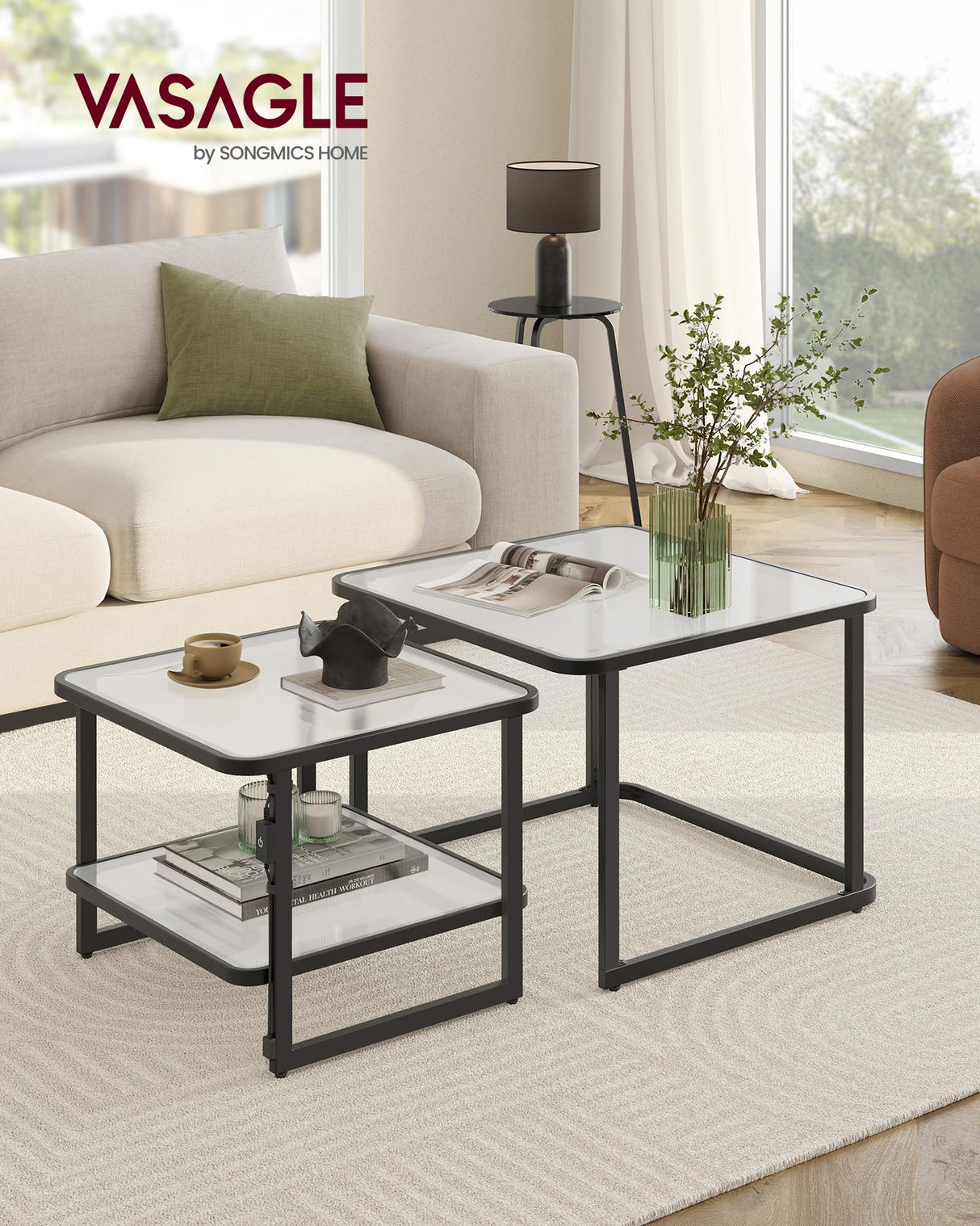 VASAGLE Nesting Tables, Frosted Glass Coffee Table with LED Lights, Modern Square Side Tables with Bottom Shelf, for Living Room, Bedroom, Office, Cloud White and Ink Black (Set of 2) VASAGLE