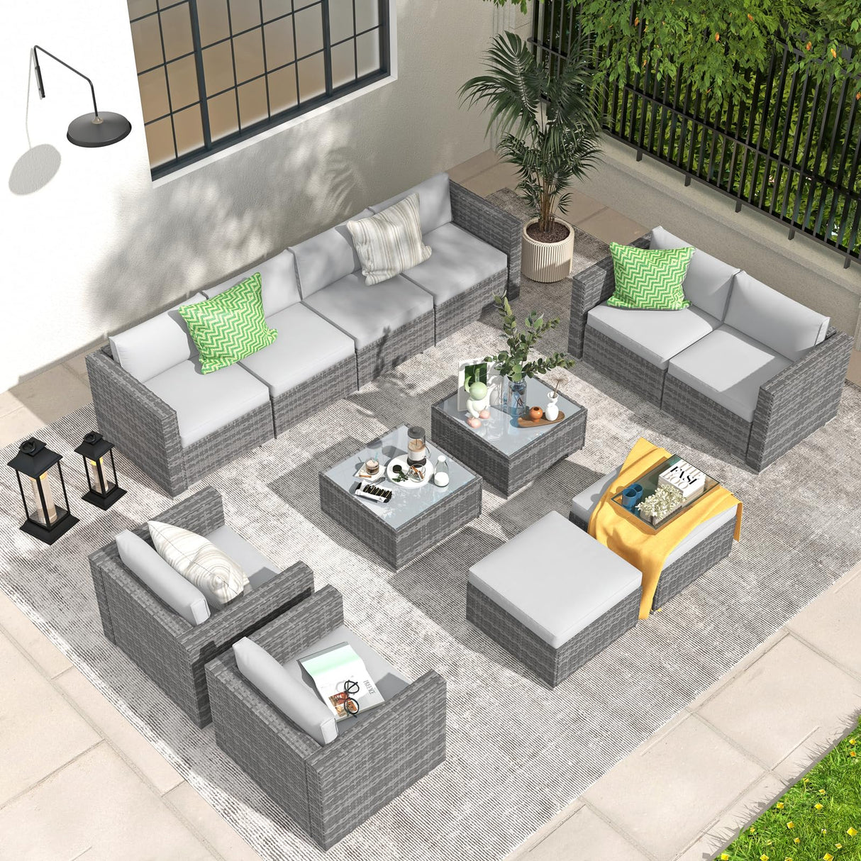 Patiorama 12 Piece Patio Furniture Set, Outdoor Sectional Sofa, All-Weather Grey PE Wicker Rattan Conversation Set, Patio Couch Furniture Set w/Coffee Table for Balcony Garden Pool(Light Grey Cushion) Patiorama