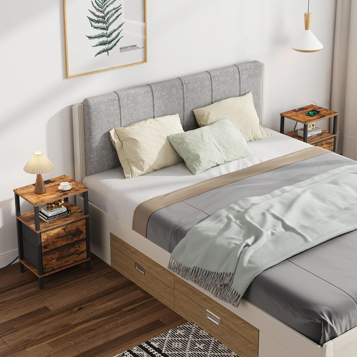 TUTOTAK End Table with Charging Station, Side Table with 2 USB Ports and Outlets, Nightstand with Cloth Drawer, Set of 2, Couch Table, Brown TB01BB067 TUTOTAK