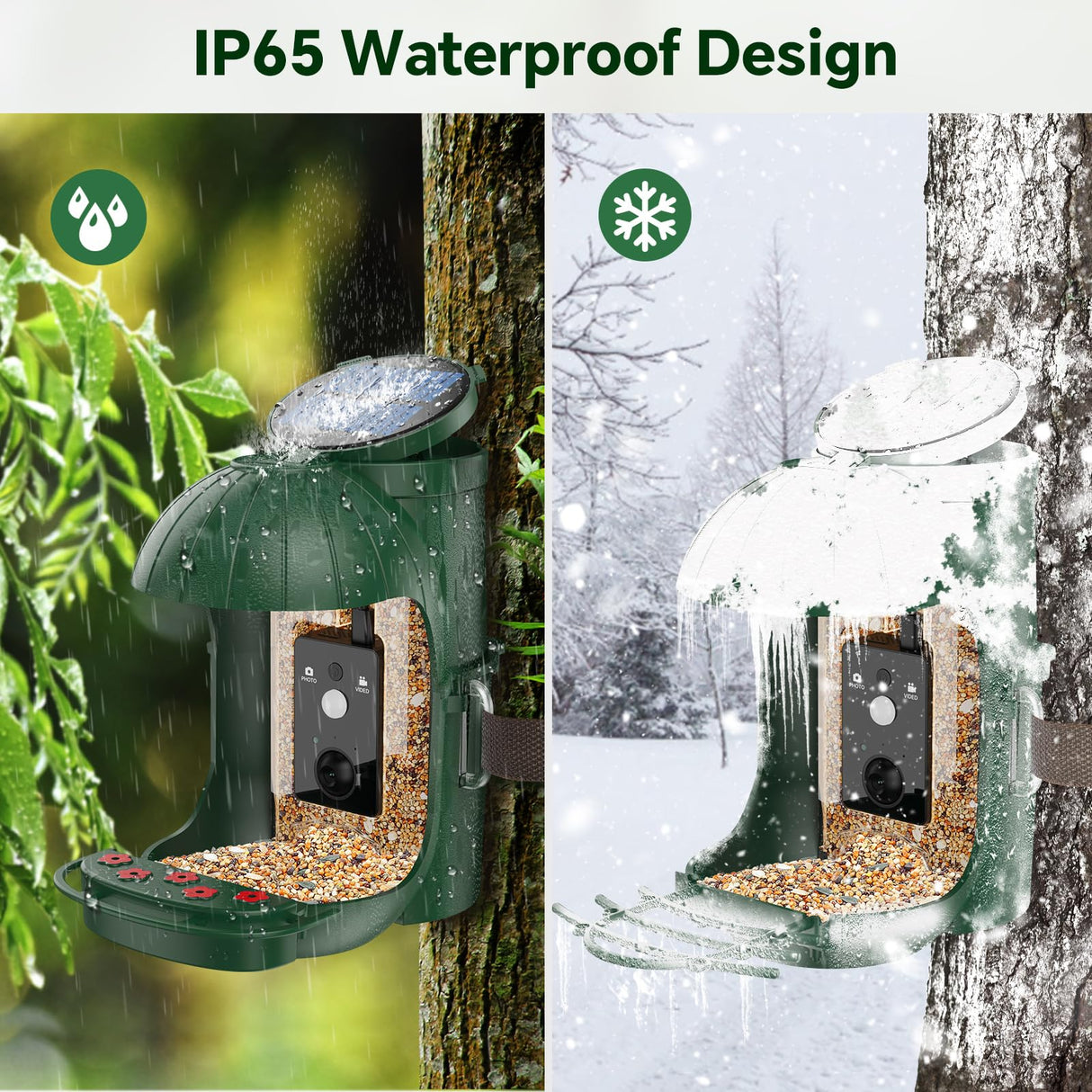 Relassy Bird Feeder with Camera, Waterproof Smart Bird Feeder with Camera Solar Powered for Outdoors, Rechargeable & Detachable 110° Bird Feeder Camera, Auto Capture Bird HD Videos & Photos, Green Relassy