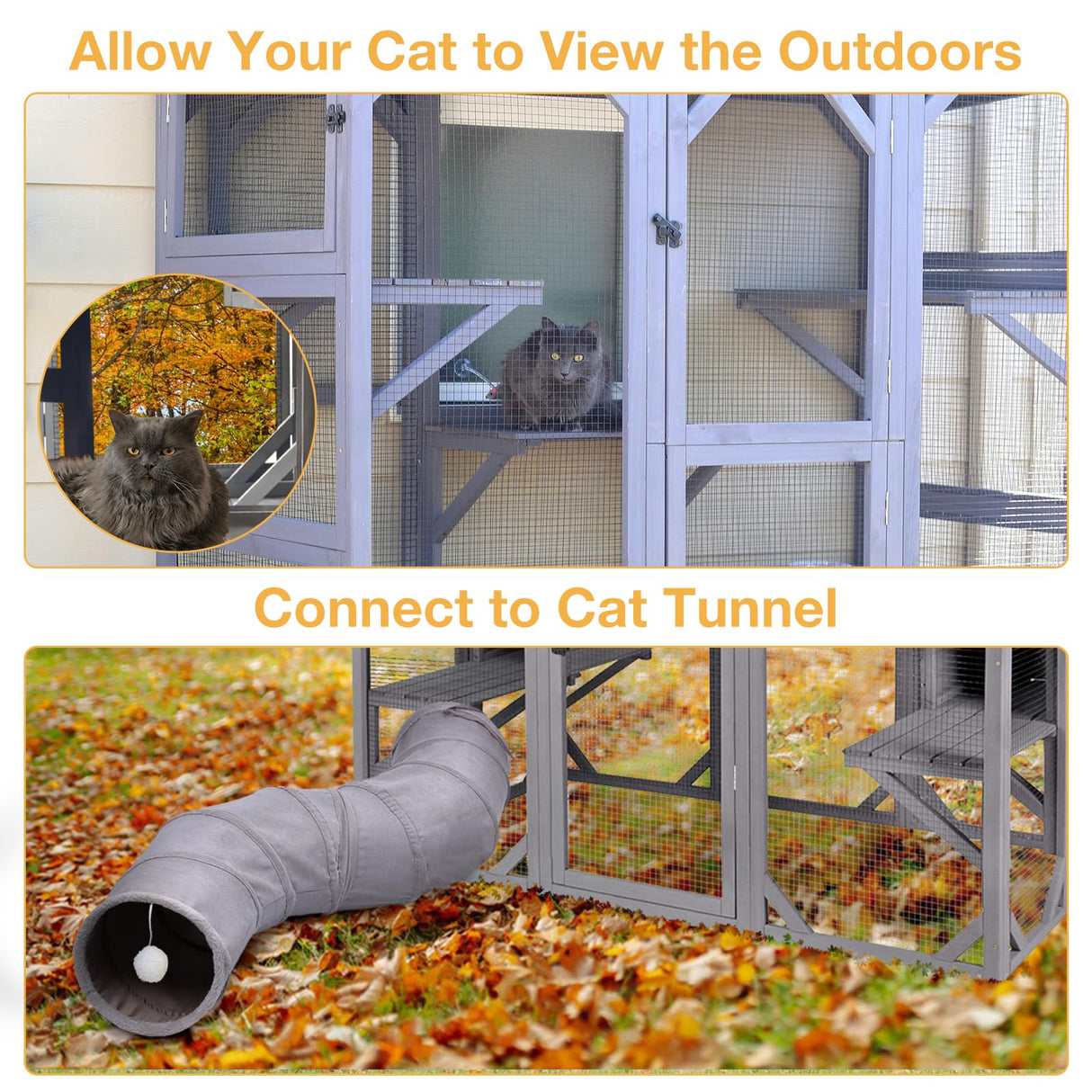 Wooden Catio Outdoor Cat Enclosure,Large Luxury Kitty-House with 7 Jumping Platforms & Weatherproof Asphalt Roof,Walk-in Kitty Kennel Condo Shelter and 2 Napping Houses (Grey, Large) Suumerpety