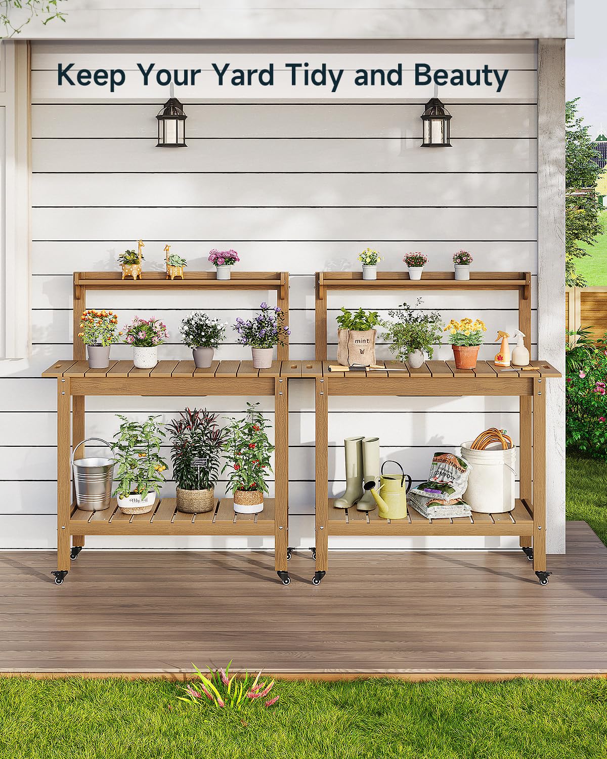 HDPS Outdoor Potting Bench with Sliding Tabletop/ 4 Wheels/Removable Sink, All-Weather Outside Garden Work Table, No Rust/Fade/Break, Potting Station for Porch, Patio & Backyard (Teak) ONBRILL