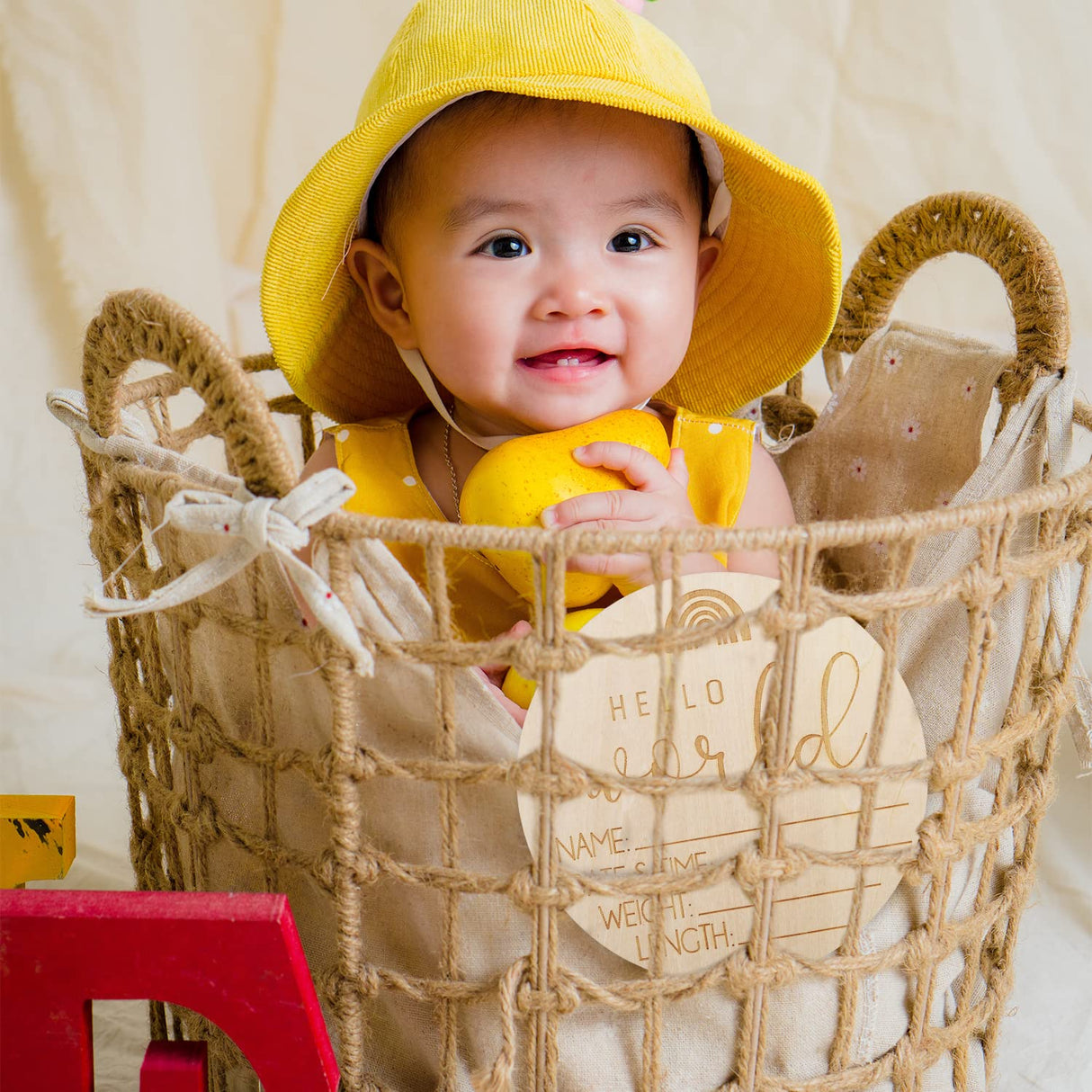 AIEX Wooden Baby Announcement Sign, Birth Announcement Sign Round Wooden Newborn Welcome Sign Hello World New Baby Name Announcement Sign for Girl AIEX