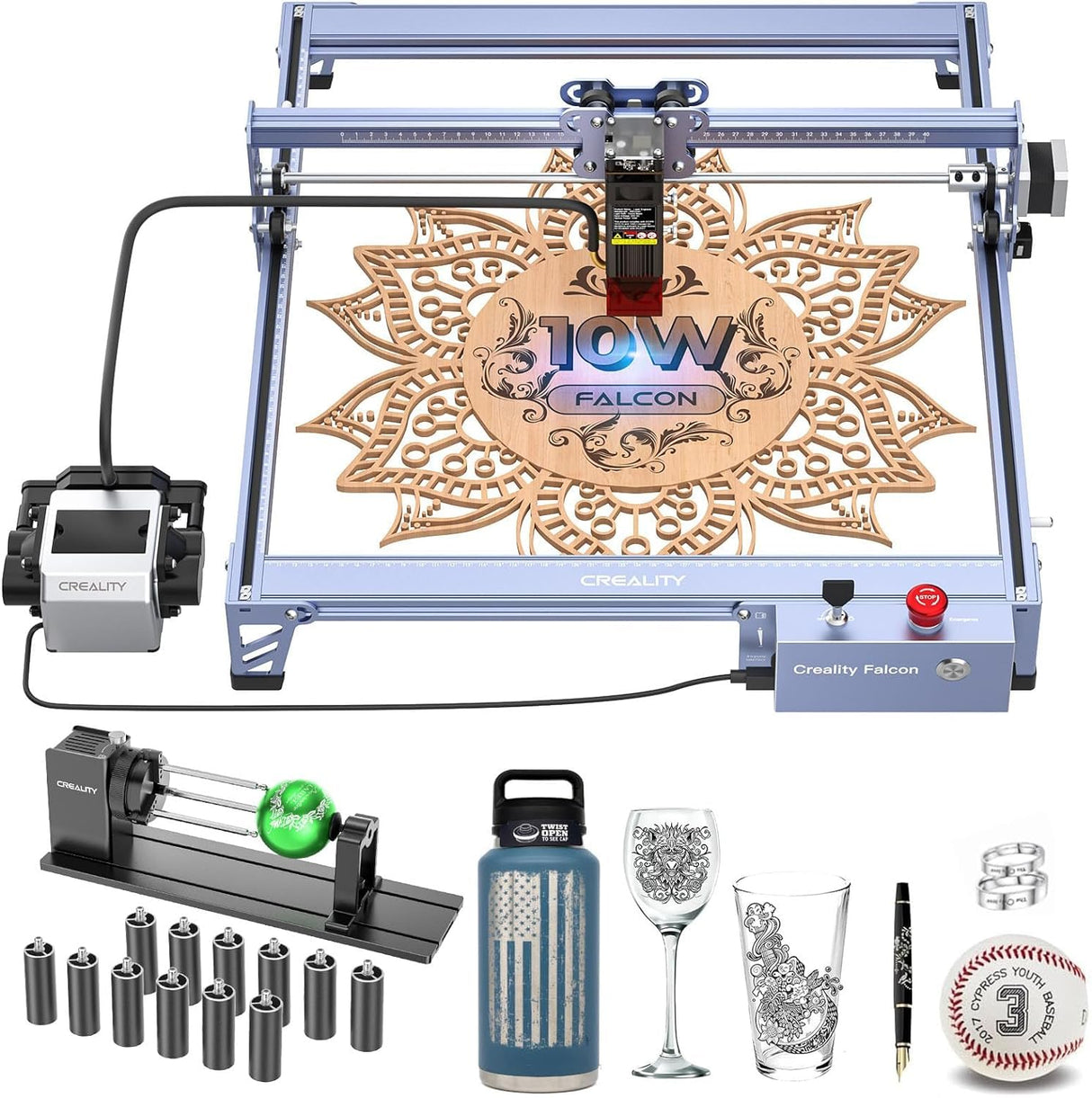 CREALITY FALCON 10w Laser Engraver with Air Assist, Laser Engraving Machine with Rotary Roller, 72W High Precision Laser Cutter and Engraver for Wood, Metal, Acrylic, Cylindrical Objects, Tumblers CREALITY FALCON