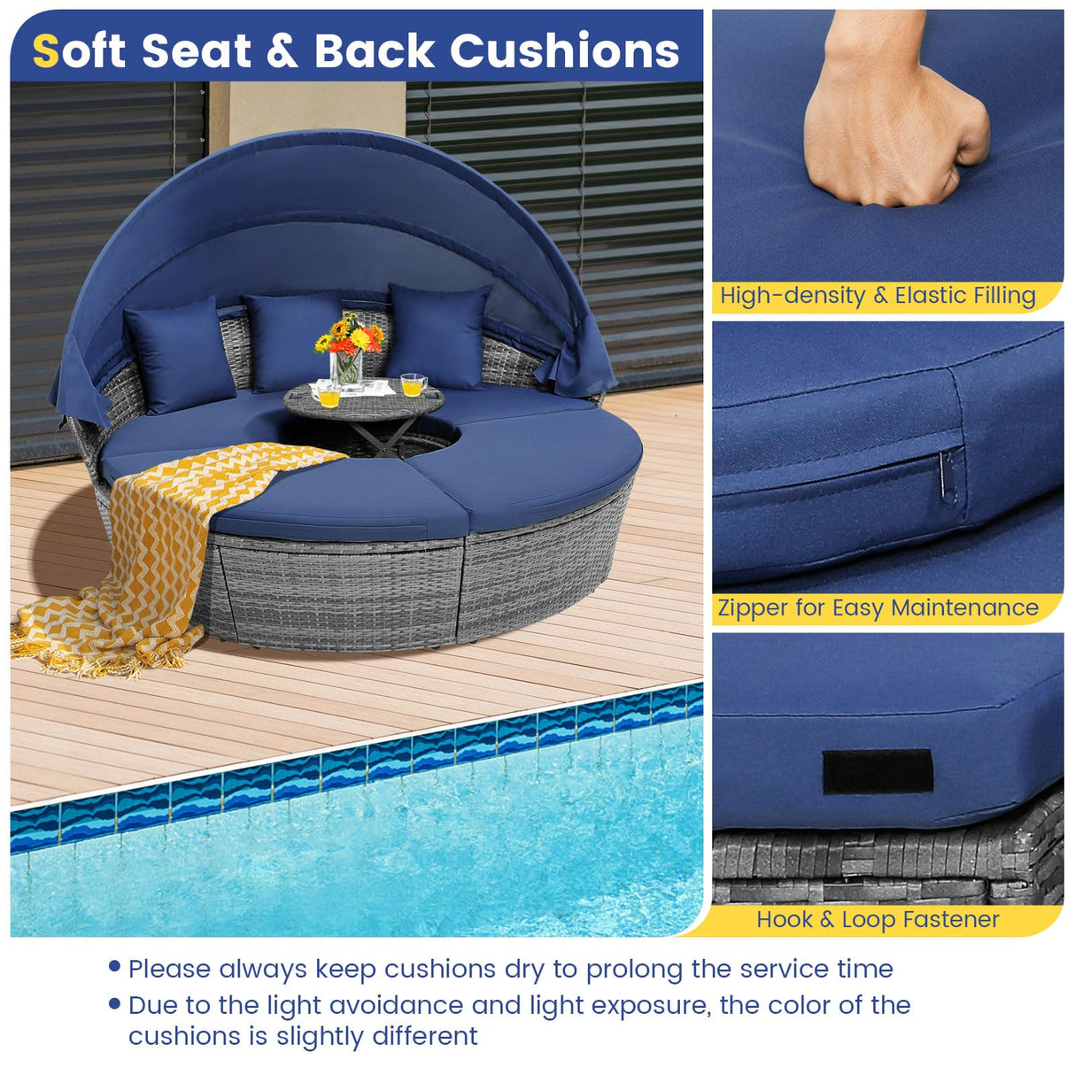 HAPPYGRILL Rattan Daybed with Canopy, Outdoor Wicker Round Daybed Patio Sectional Seating with Cushions & Adjustable Side Table, Patio Furniture for Backyard Porch Poolside HAPPYGRILL