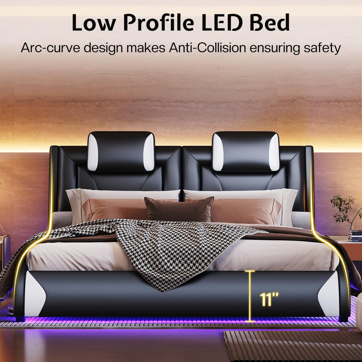 Jocisland Modern Floating Queen Bed Frame with LED Lights and Wave Curve Design in Black Jocisland