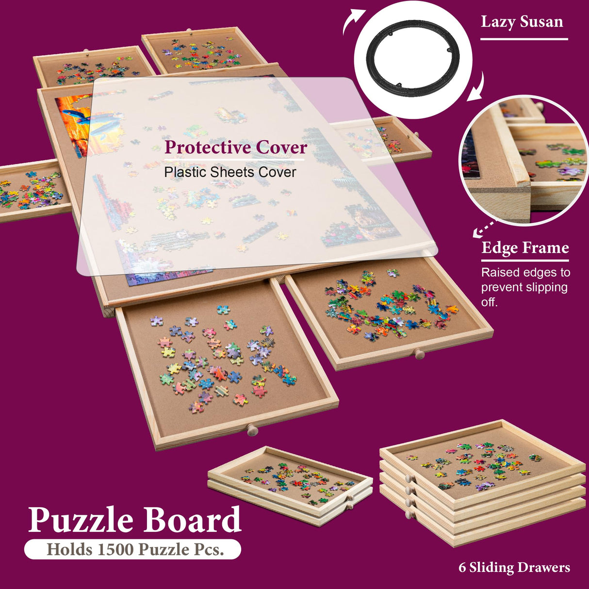 1500 Piece Rotating Wooden Jigsaw Puzzle Table - 6 Drawers, Puzzle Board with Puzzle Cover | 27” X 35” Jigsaw Puzzle Board Portable - Portable Puzzle Table PLAYVIBE
