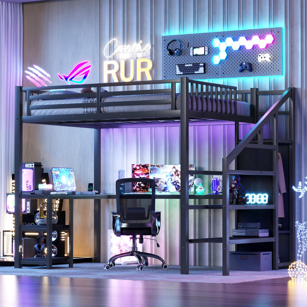 Full Size Loft Bed with Desk and Stairs, Gaming Loft Bed with RGB LED Light and Storage, Heavy-Duty Metal Lofts Beds Frame with Wardrobe, Shelves and Charging Station for Adults Kids Teens, Black Mirightone