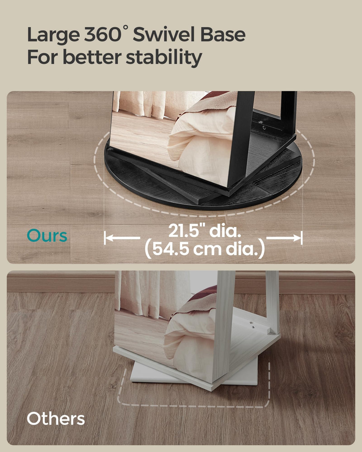 SONGMICS 6 LEDs Lockable Mirror Jewelry Cabinet, 360° Swivel Jewelry Organizer, Standing Jewelry Armoire, Frameless Full-Length Mirror, 3 Storage Shelves, Black Surface, Black Lining UJJC007B01 SONGMICS