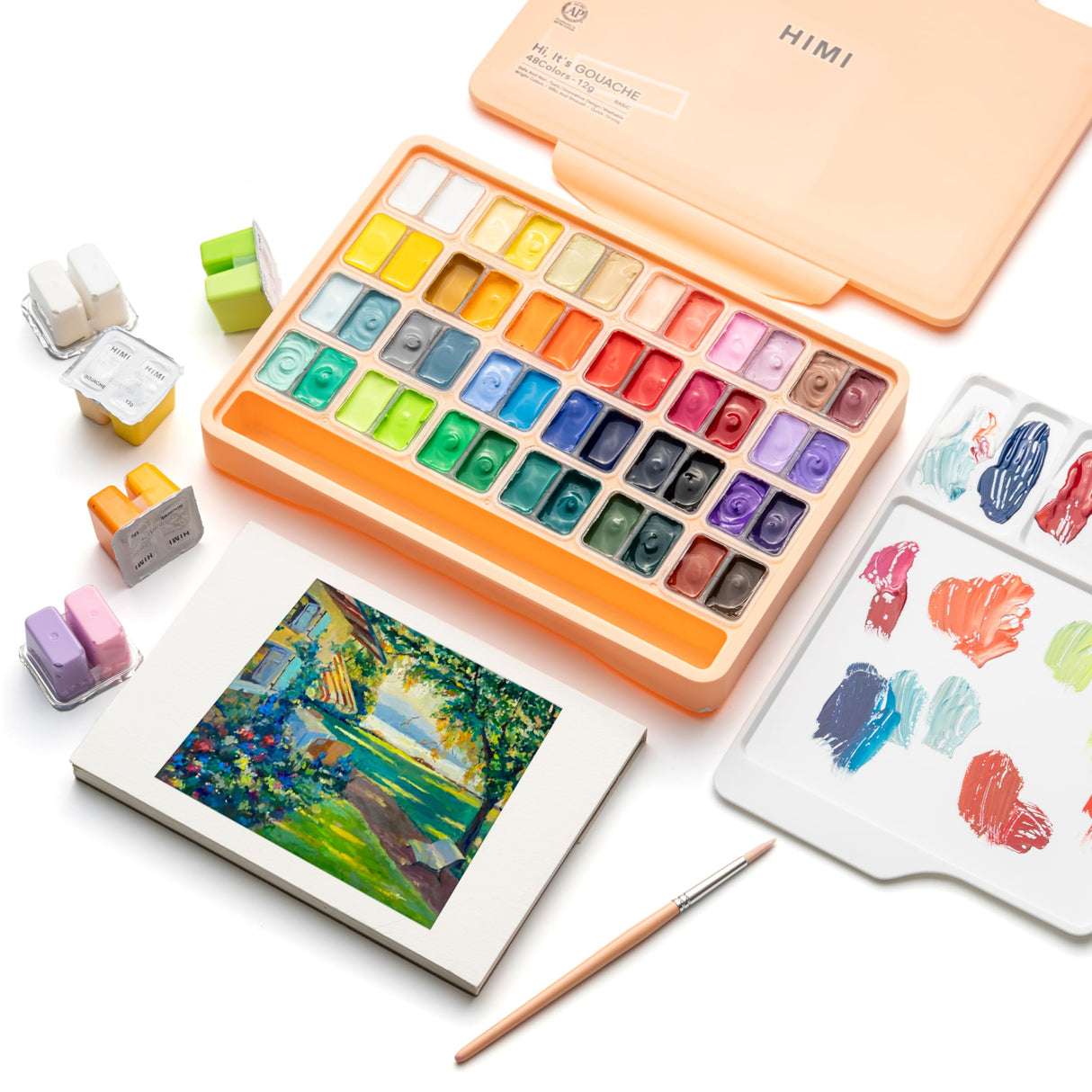 HIMI Twin Cup Jelly Gouache Paint Set with 3 Paint Brushes, 48 Colors 12g, Jelly Cup Design, Non Toxic Paint for Canvas and Paper, Art Supplies for Professionals (Peach Fuzz) HIMI