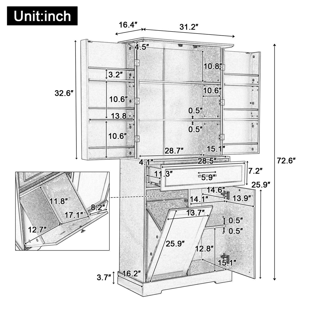 LUMISOL 72'' Tall Tilt Out Laundry Hamper, Bathroom Storage Cabinet with Hidden Laundry Hamper Basket, Drawer & 3 Doors, Freestanding Bathroom Cabinet with Adjustable Shelf, White LUMISOL