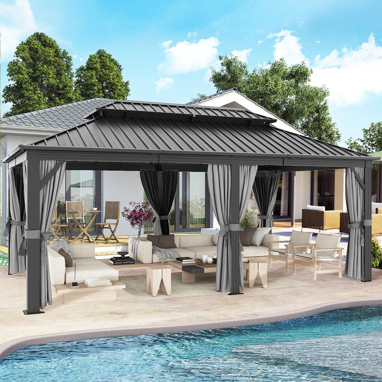 oneinmil 12' X 20' Hardtop Gazebo, Galvanized Steel Double Roof, Aluminum Metal Gazebo with Curtains and Netting, Permanent Gazebo Pavilion for Gardens, Decks, Patios oneinmil