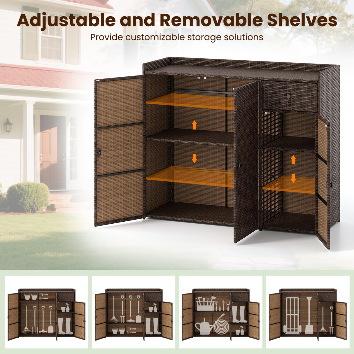 Tangkula Rattan Outdoor Storage Cabinet, Patiojoy Outdoor Cabinet with 4 Adjustable Shelves, 1 Drawer, 3 Doors, Patio Storage Deck Box Table for Patio Garden Poolside (Mix Brown) Tangkula