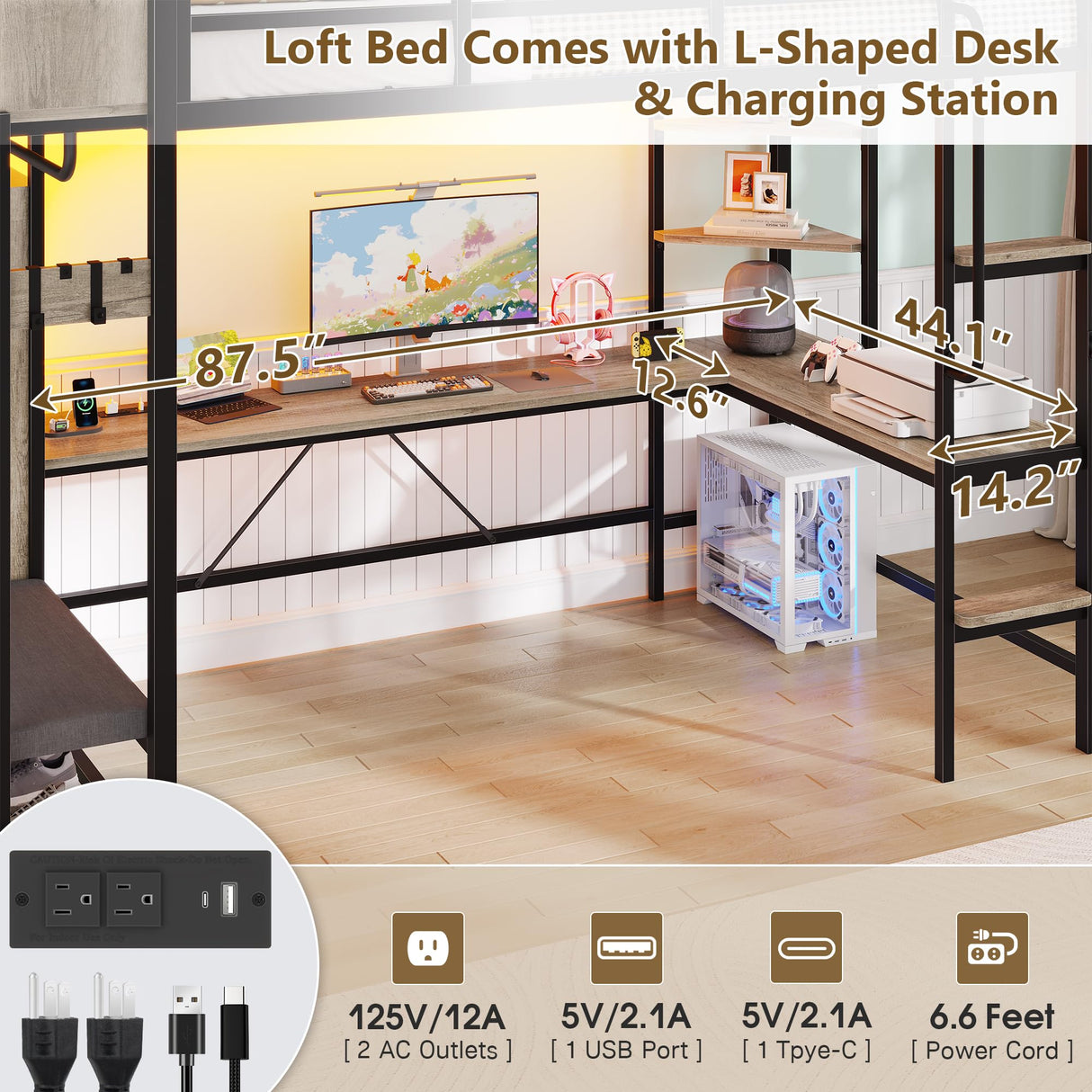 busyaeh Loft Bed with Hall Tree, Twin Loft Bed with Desk, Storage Headboard & 2 Drawers, Twin Size Loft Bed with LED Lights, Charging Station, Safety Guardrail & Ladder, No Box Spring Needed,Oak Gray busyaeh