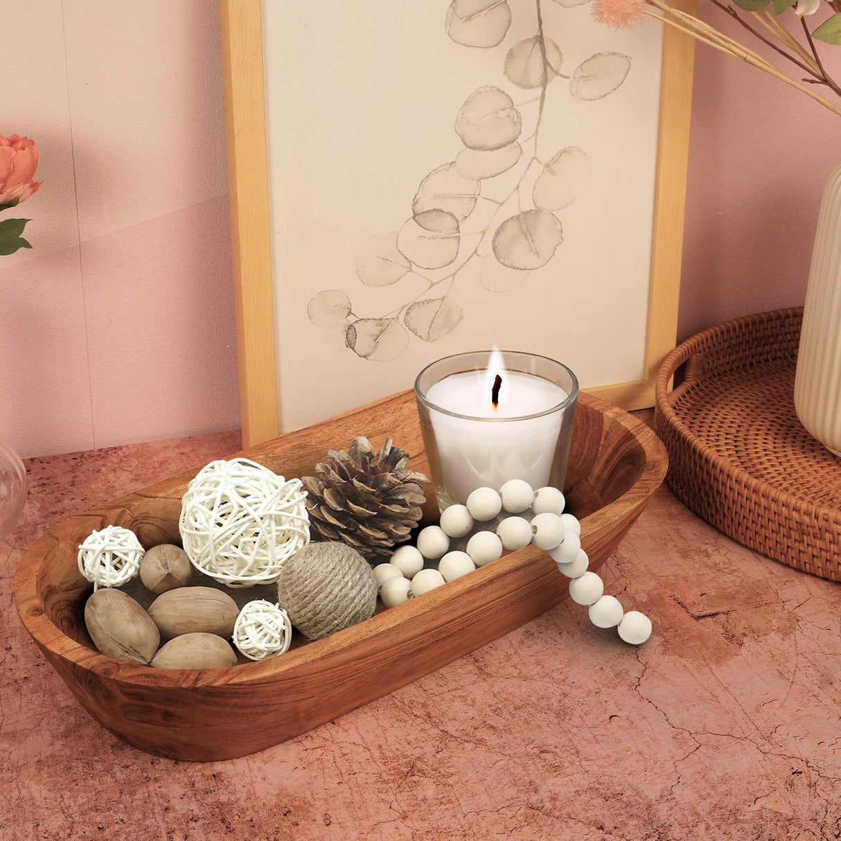 Wooden Dough Bowl – Handmade Decorative Bowls for Home Decor, Bathroom, Kitchen Counter & More - Acacia Wood Large Dough Bowl Fits Cosmetics, Keys & Other Knick Knacks – Great Boho Home Decorations Luxe Designs