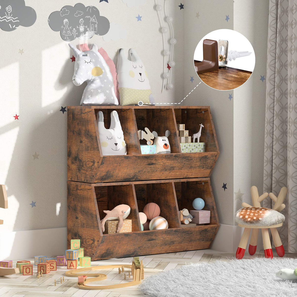 HOOBRO Rustic Brown 3-Bin Toy Storage Cubby and Children's Bookshelf HOOBRO
