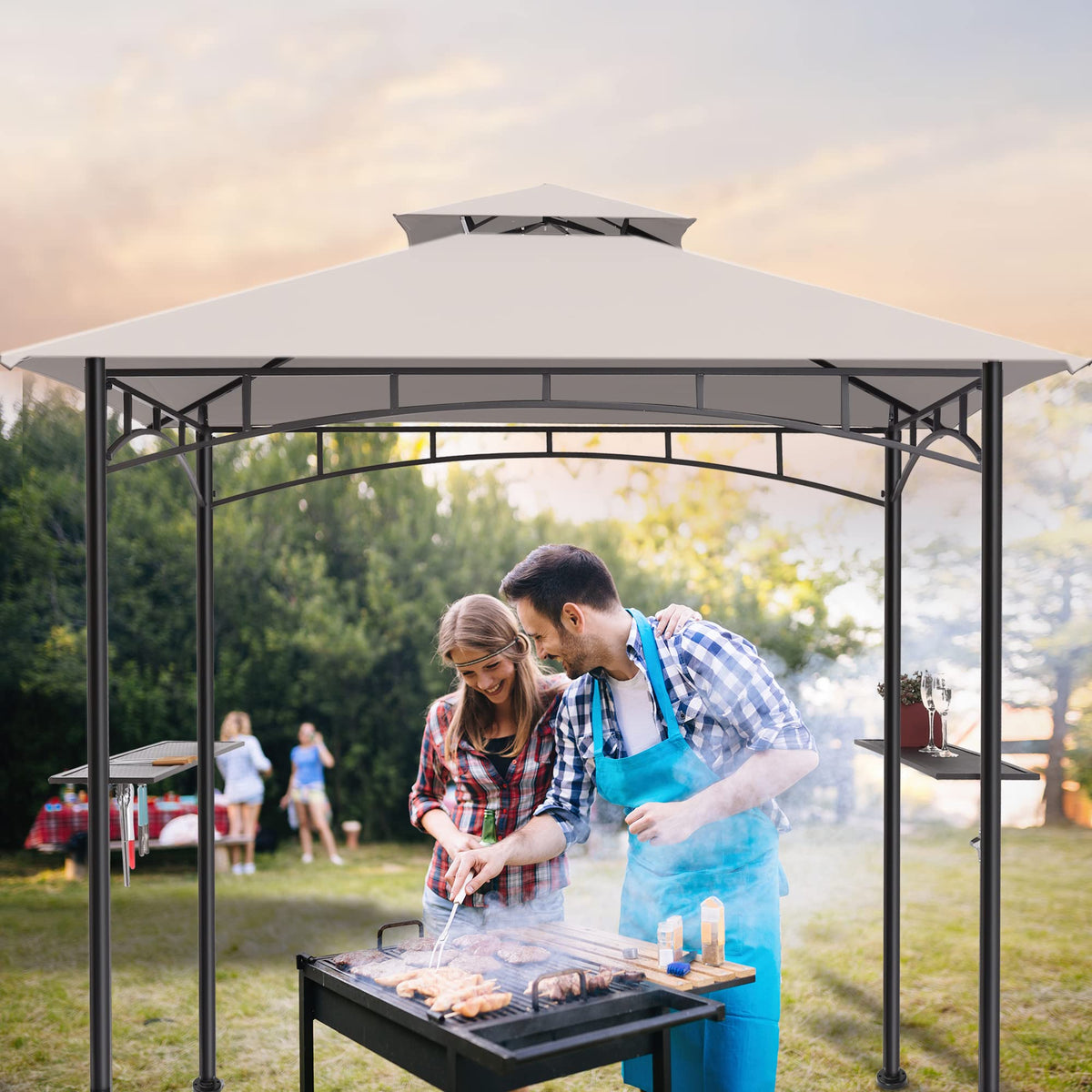 FAB BASED 5x8 Grill Gazebo Canopy for Patio, Outdoor BBQ Gazebo with Shelves & Extra 2 LED Light(Grey) FAB BASED