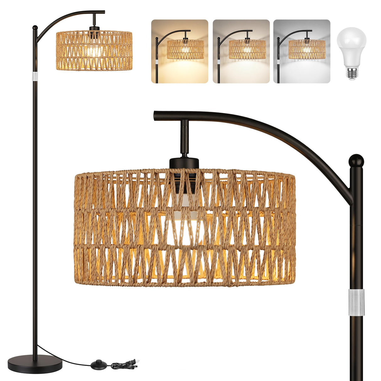 ROTTOGOON Rattan Floor Lamps for Living Room, Boho Standing Lamps with Rattan Shade, Arc Lamps Floor Standing with 9W Bulb, Foot Switch, Black Bohemian Floor Lamps for Bedroom, Office-Drum ROTTOGOON