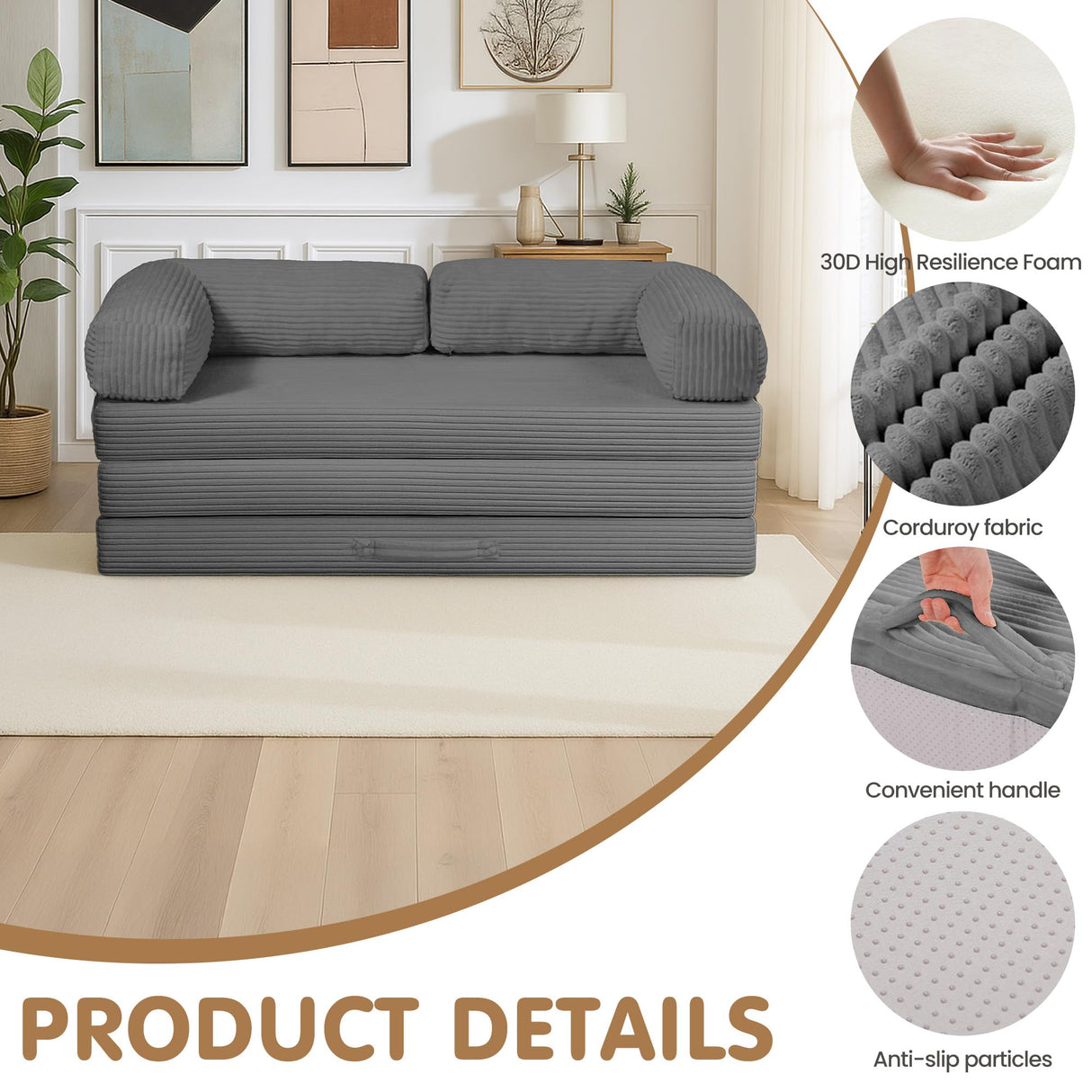 NLDD Convertible Sofa Bed Queen,5-in-1 Folding Boneless Couch Corduroy Futon Sofa Bed,Tri-Fold Mattress with Removable Armrests & Handle,Sleeper with Pull Out Bed for Small Space Living Room Bedroom NLDD