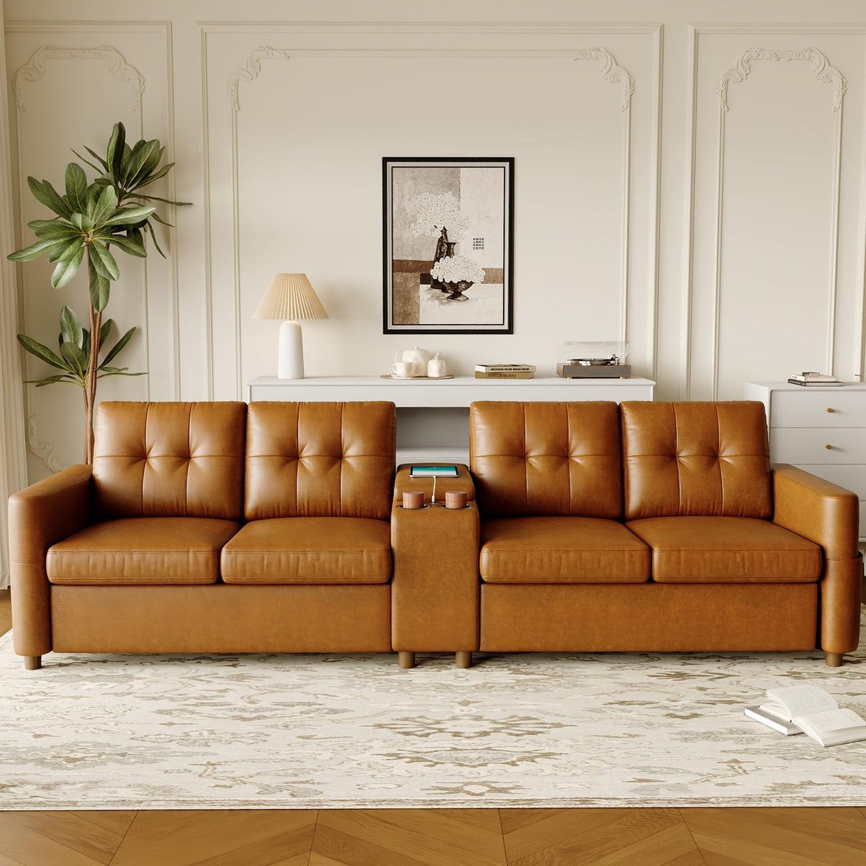 Faux Leather 4-Seater Sectional Sofa, 115” Brown PU Compact Couch with Storage Console, Charging Station & Cup Holders, Deep Seat Couch for Family Rooms, Apartments & Small Spaces SunnyFurn