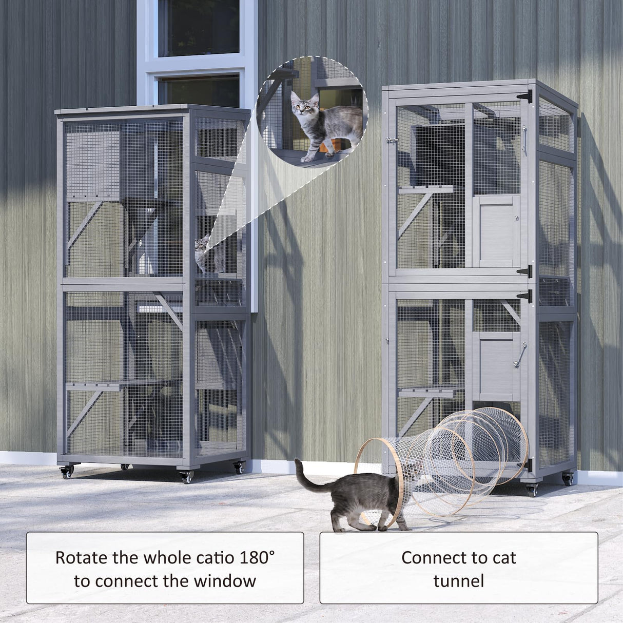 TIMHAKA Cat Catio Outdoor Cat Enclosure, 4 Tiers Cat Playen Catio with Wheels, Resting Box, Sunshine Panel Waterproof Roof, Large Cat House Cage with Removable Wood Bottom and Easy Clean PVC Layer TIMHAKA