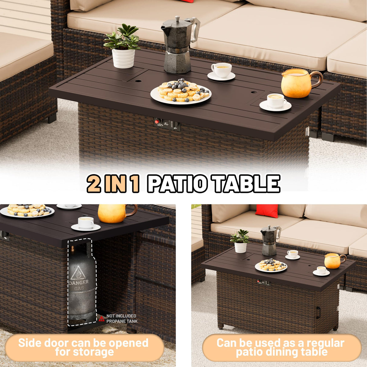 LHBcraft 8-Piece Outdoor Patio Furniture Set, Wicker Rattan Sectional Conversation Set with 50,000 BTU Propane Fire Pit Table for Garden and Patio,Brown LHBcraft