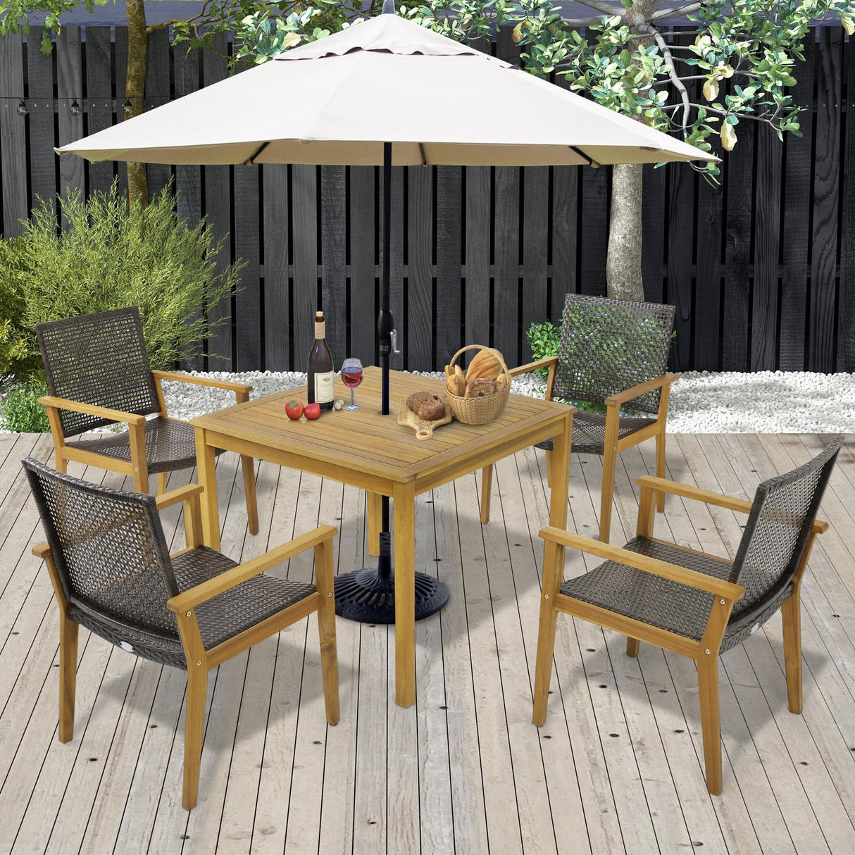 Tangkula Patio Dining Chairs Set of 4, Outdoor Acacia Wood & PE Wicker Chairs with Armrests, Outdoor Rattan Armchairs for Garden, Backyard, Poolside, Balcony (Mix Brown) Tangkula