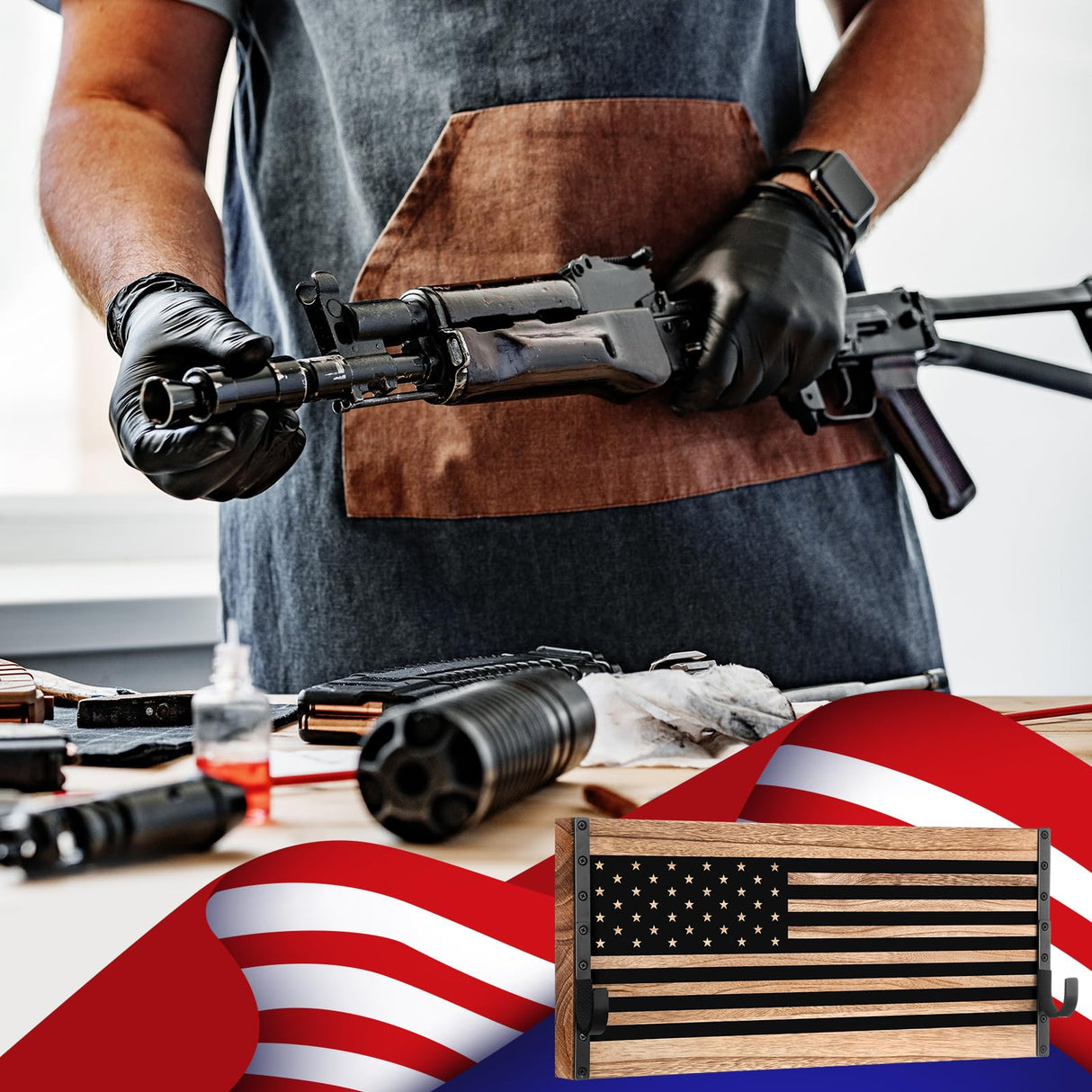 Weysat Wood American Flag Gun Rack Wall Mount with Adjustable Hooks 22 x 10 Inches Police Gear Rack Wall Mounted Rifle Display Case Gun Racks for Hunting Military Men, Law Enforcement Gifts Weysat