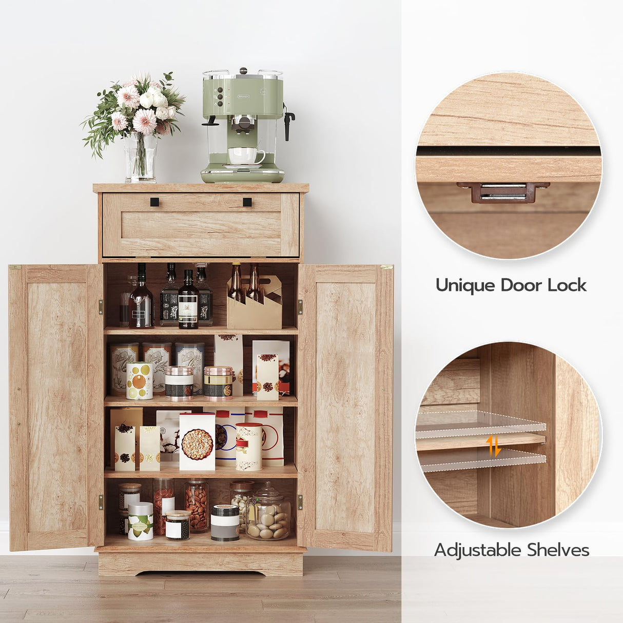 HOOBRO Pantry Cabinet, Kitchen Pantry Cabinet with Rattan-Like Decoration,Storage Cabinet with Drawer and Adjustable Shelf, Farmhouse Style Kitchen Pantry for Kitchen, Dining Room, Natural NL12PC01 HOOBRO